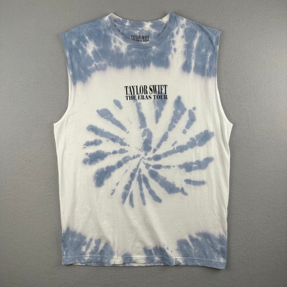 Taylor Swift The Eras Tour Muscle Tee Unisex Large Blue White Tie Dye Graphic